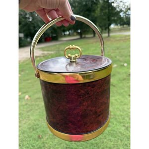 Vintage 6.5" Tall Kraftware Ice Bucket Marbleized Burgundy W/Gold Trim & Handle